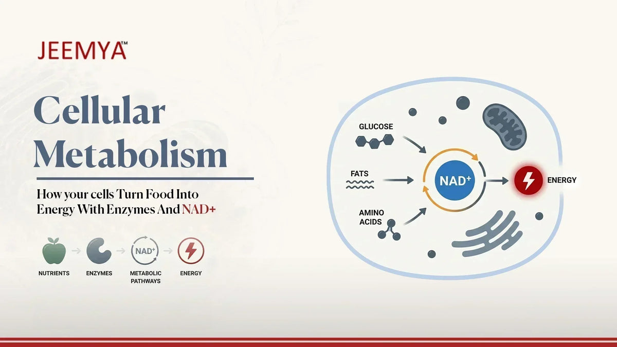 An educational infographic by JEEMYA titled "Cellular Metabolism" that illustrates how the body converts food into energy using enzymes and NAD+