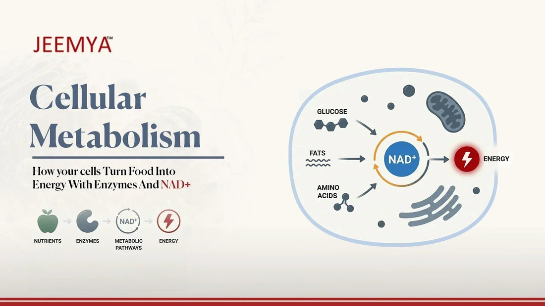An educational infographic by JEEMYA titled "Cellular Metabolism" that illustrates how the body converts food into energy using enzymes and NAD+