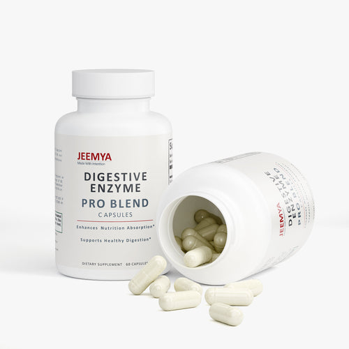 Jeemya Digestive Enzyme Pro Blend dietary supplement bottle displayed beside an open bottle with white capsules spilling onto the surface, showcasing the capsule size, product contents, and premium packaging.