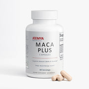 Front-facing bottle of Jeemya Maca Plus capsules with several beige capsules placed beside the bottle, showcasing the dietary supplement packaging and capsule appearance on a clean white background.