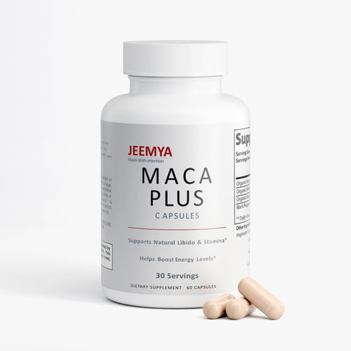 Front-facing bottle of Jeemya Maca Plus capsules with several beige capsules placed beside the bottle, showcasing the dietary supplement packaging and capsule appearance on a clean white background.