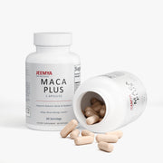 Jeemya Maca Plus dietary supplement bottle displayed next to an open bottle with beige capsules spilling onto the surface, illustrating the capsule size, product contents, and premium packaging.