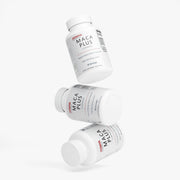 Creative arrangement of multiple Jeemya Maca Plus supplement bottles floating at different angles, emphasizing the product packaging from multiple perspectives against a white background.