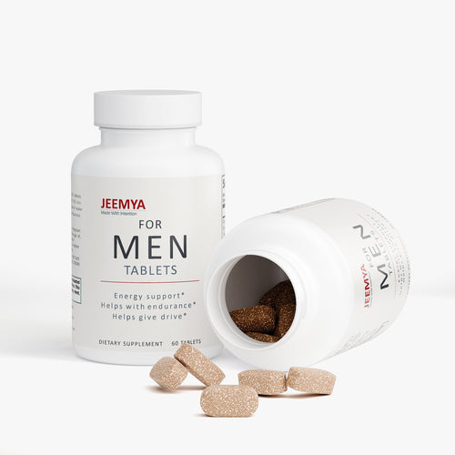 Open JEEMYA For Men supplement bottle with tablets beside it, showcasing a men’s wellness formula designed to support testosterone, stamina, and energy levels.