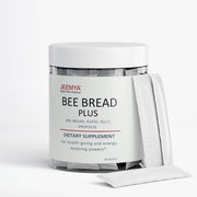 Front-facing container of Jeemya Bee Bread Plus with individually wrapped sachets displayed beside the container on a minimalist white background.