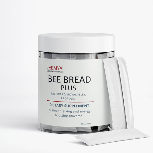 Front-facing container of Jeemya Bee Bread Plus with individually wrapped sachets displayed beside the container on a minimalist white background.