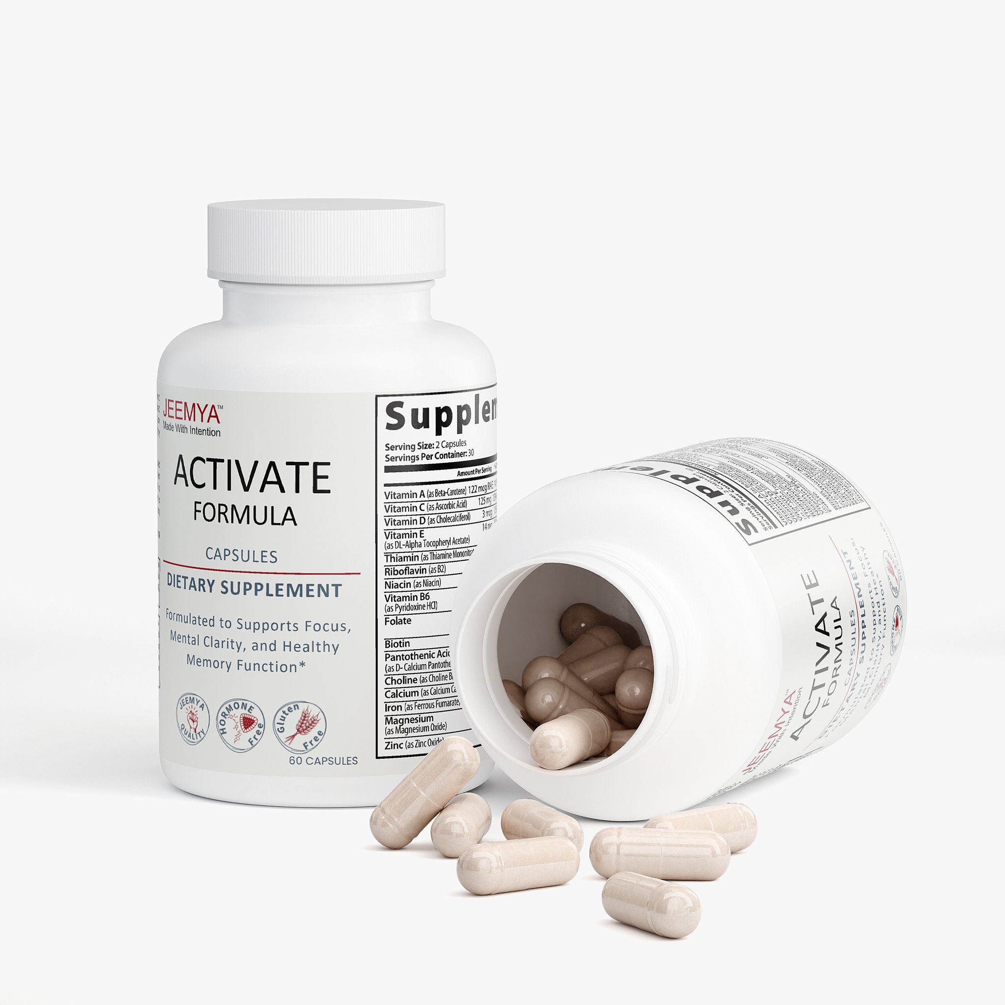Open bottle of JEEMYA Activate Formula capsules with capsules spilling out, showcasing a supplement designed to support memory, concentration, and mental clarity.