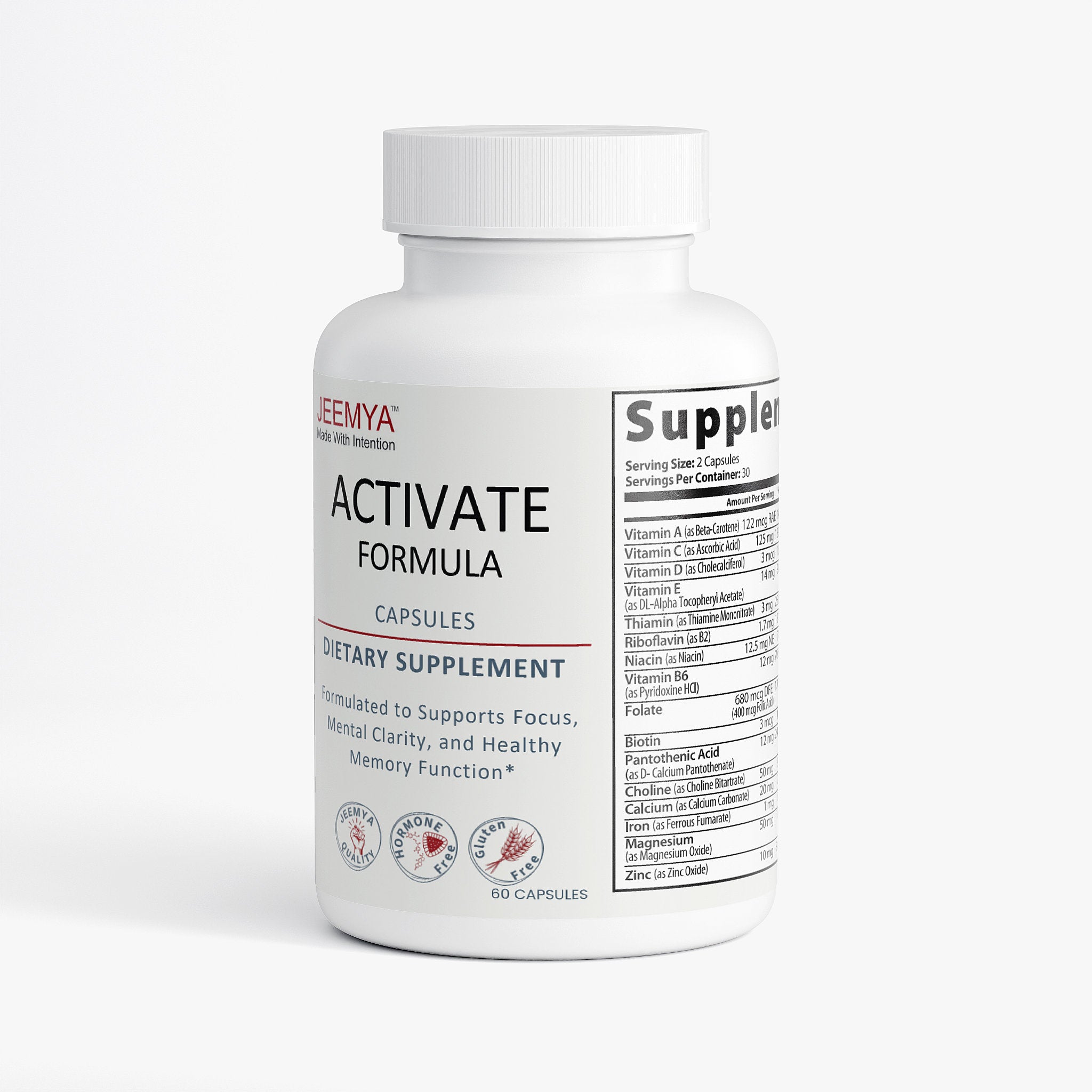 JEEMYA Activate Formula dietary supplement bottle formulated to support mental focus, memory function, energy production, and healthy brain performance.