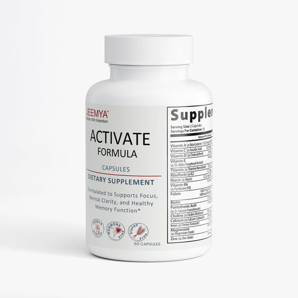 JEEMYA Activate Formula dietary supplement bottle formulated to support mental focus, memory function, energy production, and healthy brain performance.
