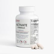 JEEMYA Activate Formula capsules bottle displayed with supplement capsules beside it, featuring a brain and focus support formula with vitamins and cognitive wellness ingredients.
