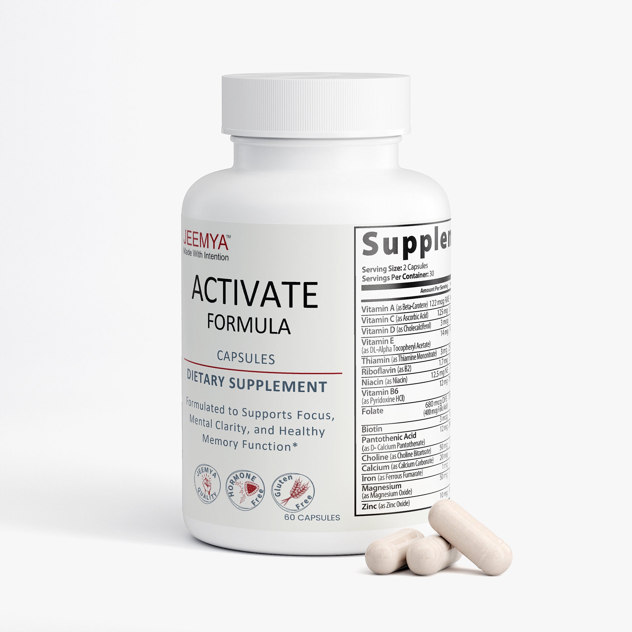 JEEMYA Activate Formula capsules bottle displayed with supplement capsules beside it, featuring a brain and focus support formula with vitamins and cognitive wellness ingredients.