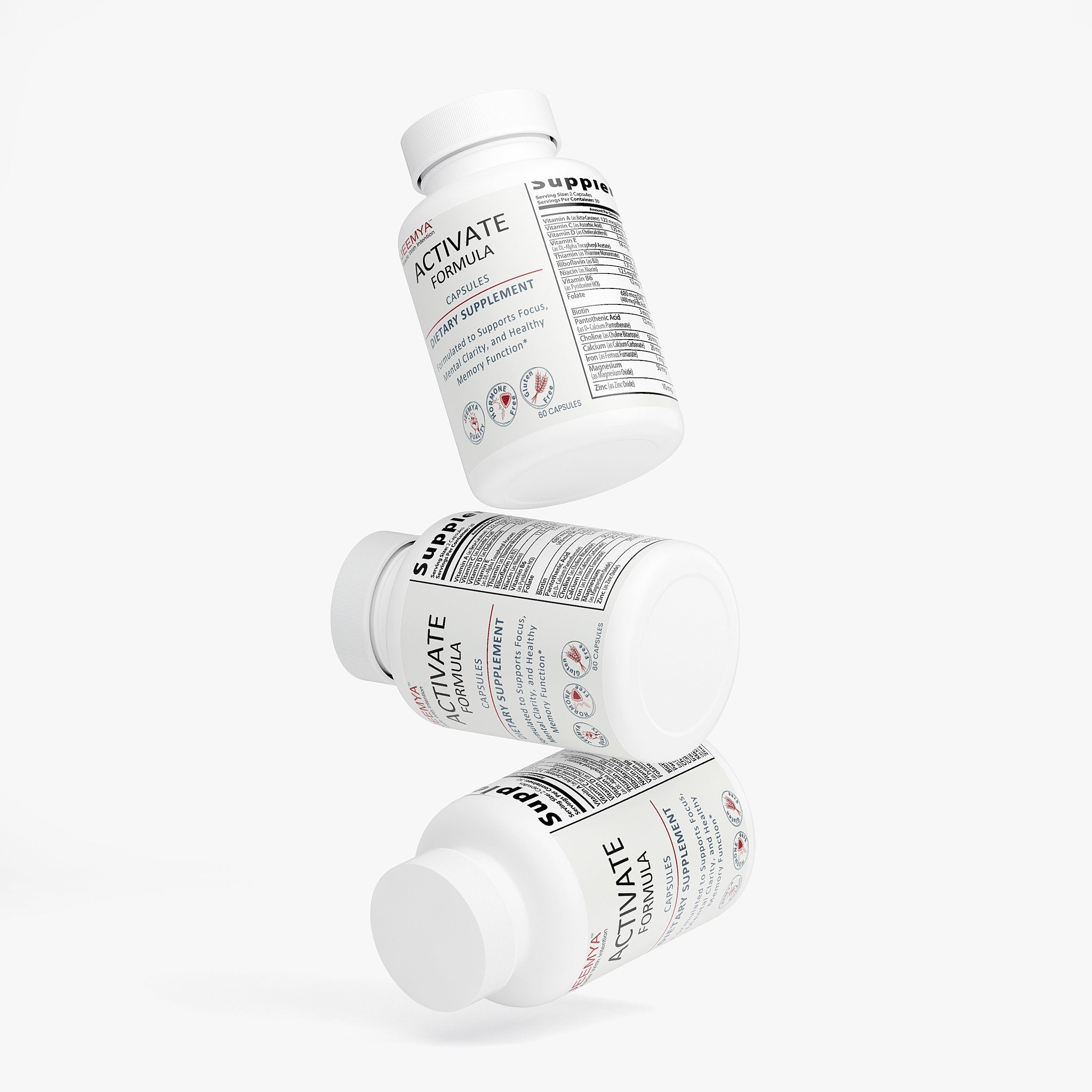 Multiple JEEMYA Activate Formula supplement bottles stacked together, highlighting a daily cognitive support formula for focus, brain health, and energy support.