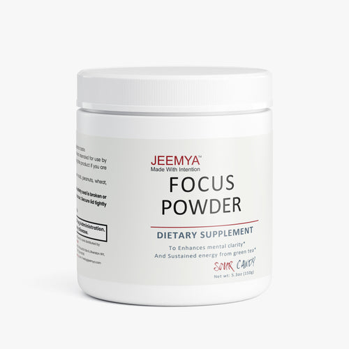 Jeemya Focus Powder dietary supplement container in Sour Candy flavor displayed on a clean white background, formulated to support mental clarity, focus, and sustained energy.