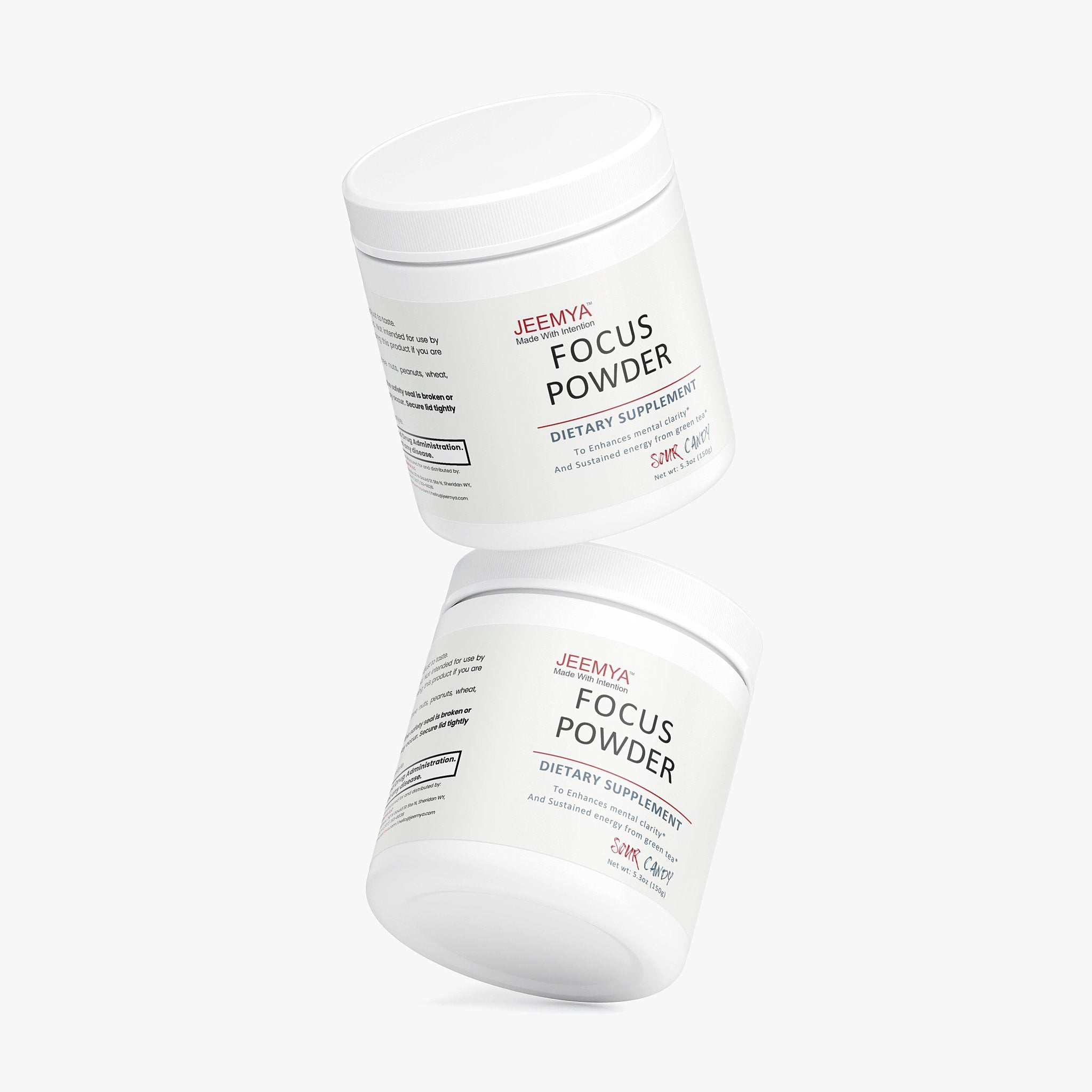 Two Jeemya Focus Powder Sour Candy containers stacked at different angles on a clean white background, showcasing the product packaging.