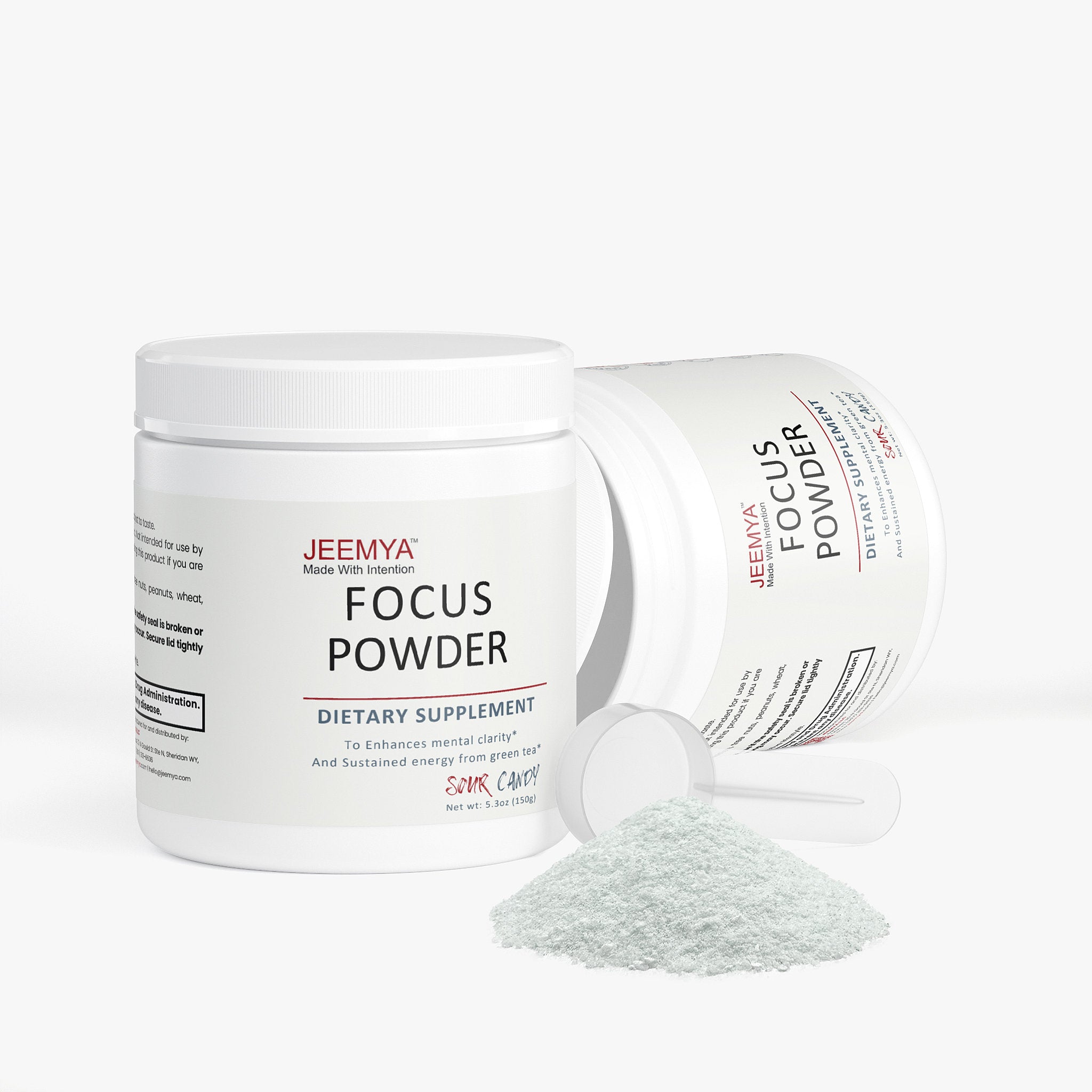 Jeemya Focus Powder Sour Candy container with light green powder spilled beside the open container on a clean white background.