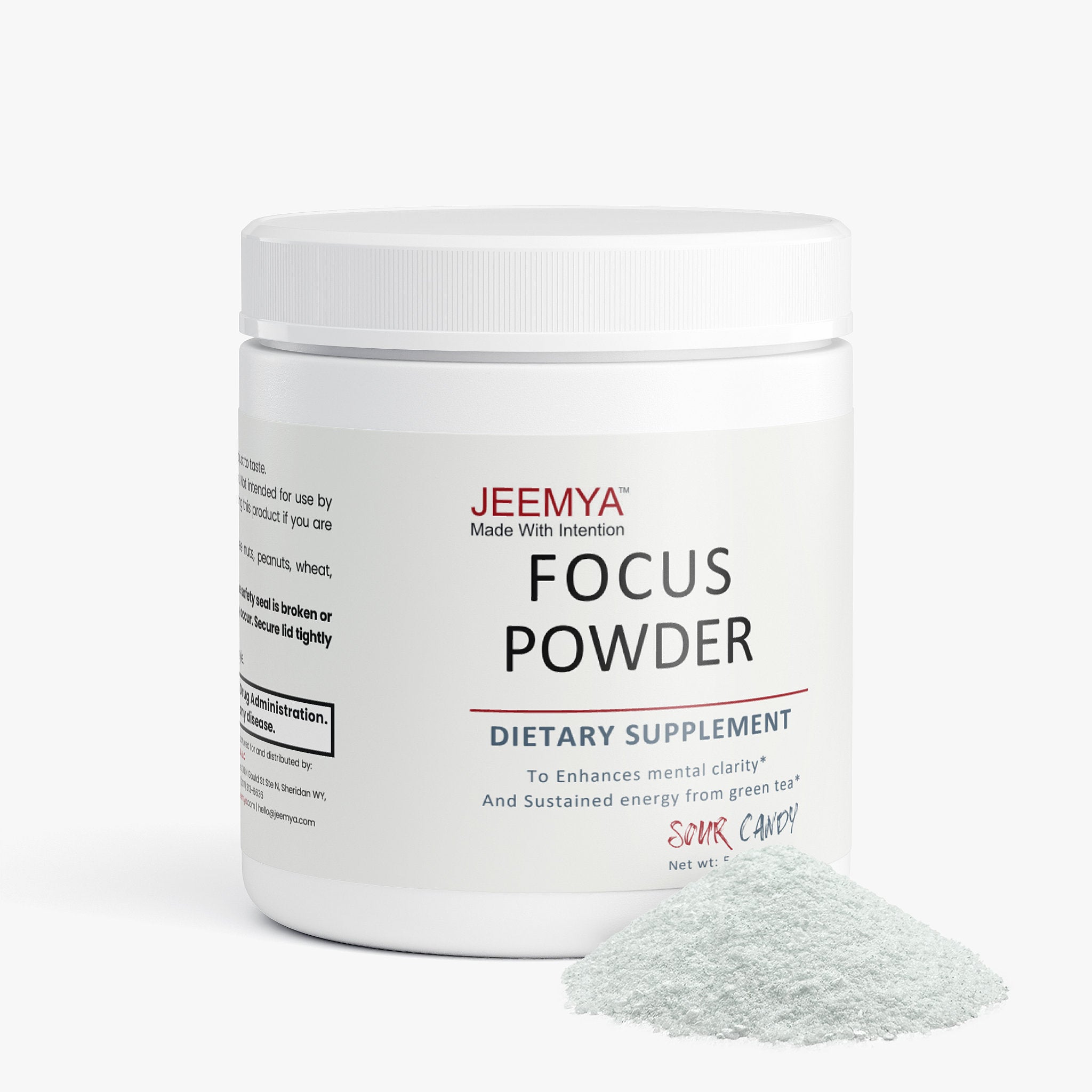 Front-facing container of Jeemya Focus Powder Sour Candy with a small pile of light green powder on a minimalist white background.