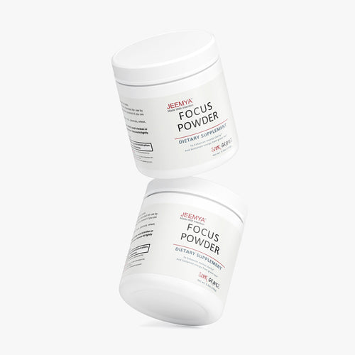 Two Jeemya Focus Powder Sour Grape containers stacked at different angles on a clean white background, showcasing the product packaging.