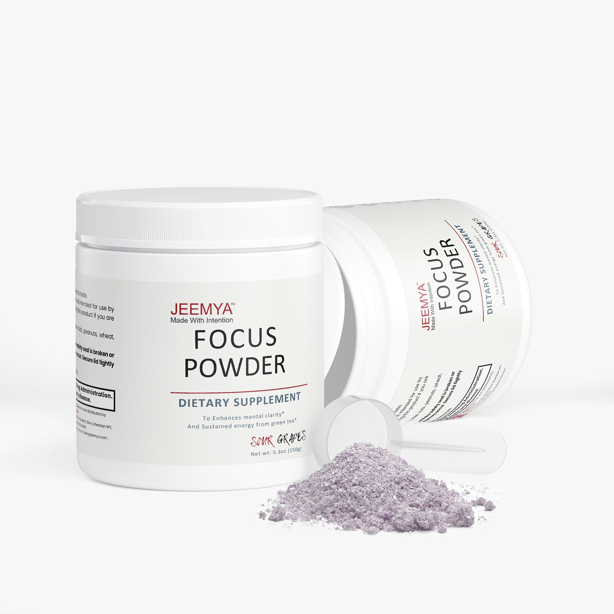 Jeemya Focus Powder Sour Grape container with light purple powder spilled beside the open container on a clean white background.
