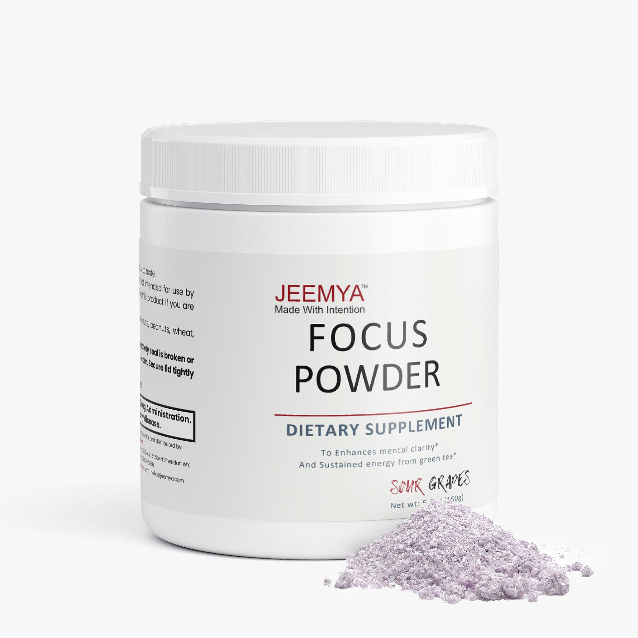 Front-facing container of Jeemya Focus Powder Sour Grape with a small pile of light purple powder on a minimalist white background.
