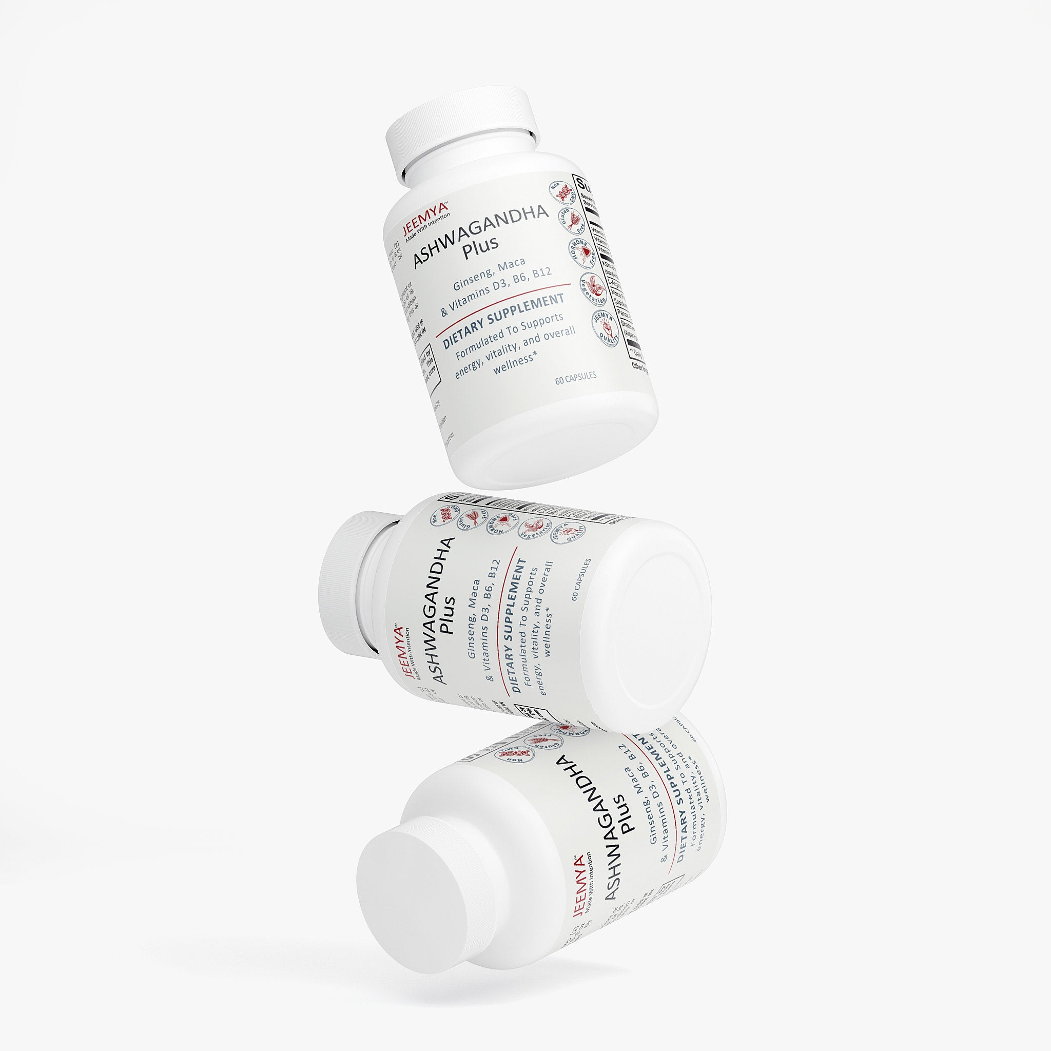 Multiple JEEMYA Ashwagandha Plus -  Cortisol Supplement  bottles stacked together showcasing an adaptogenic wellness formula for stress support, energy, and balance.