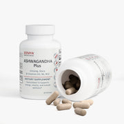 Open JEEMYA Ashwagandha Plus - Cortisol Supplement bottle with capsules spilling out, highlighting a supplement designed to support relaxation, adrenal wellness, and daily vitality.