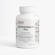 JEEMYA Ashwagandha Plus - Cortisol Supplement - dietary supplement bottle with ginseng, maca, and vitamins D3, B6, and B12 formulated to support stress relief, energy, vitality, and overall wellness.