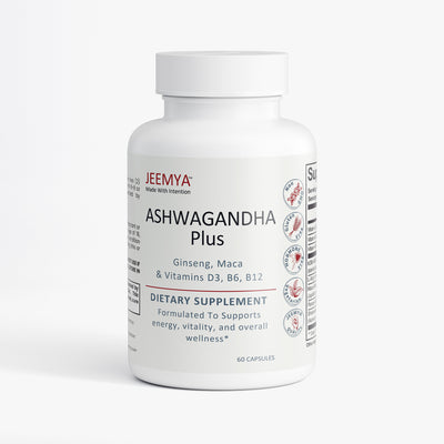 JEEMYA Ashwagandha Plus - Cortisol Supplement - dietary supplement bottle with ginseng, maca, and vitamins D3, B6, and B12 formulated to support stress relief, energy, vitality, and overall wellness.