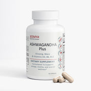 JEEMYA Ashwagandha Plus supplement bottle displayed with capsules beside it, featuring a stress support formula with ashwagandha, ginseng, and maca.