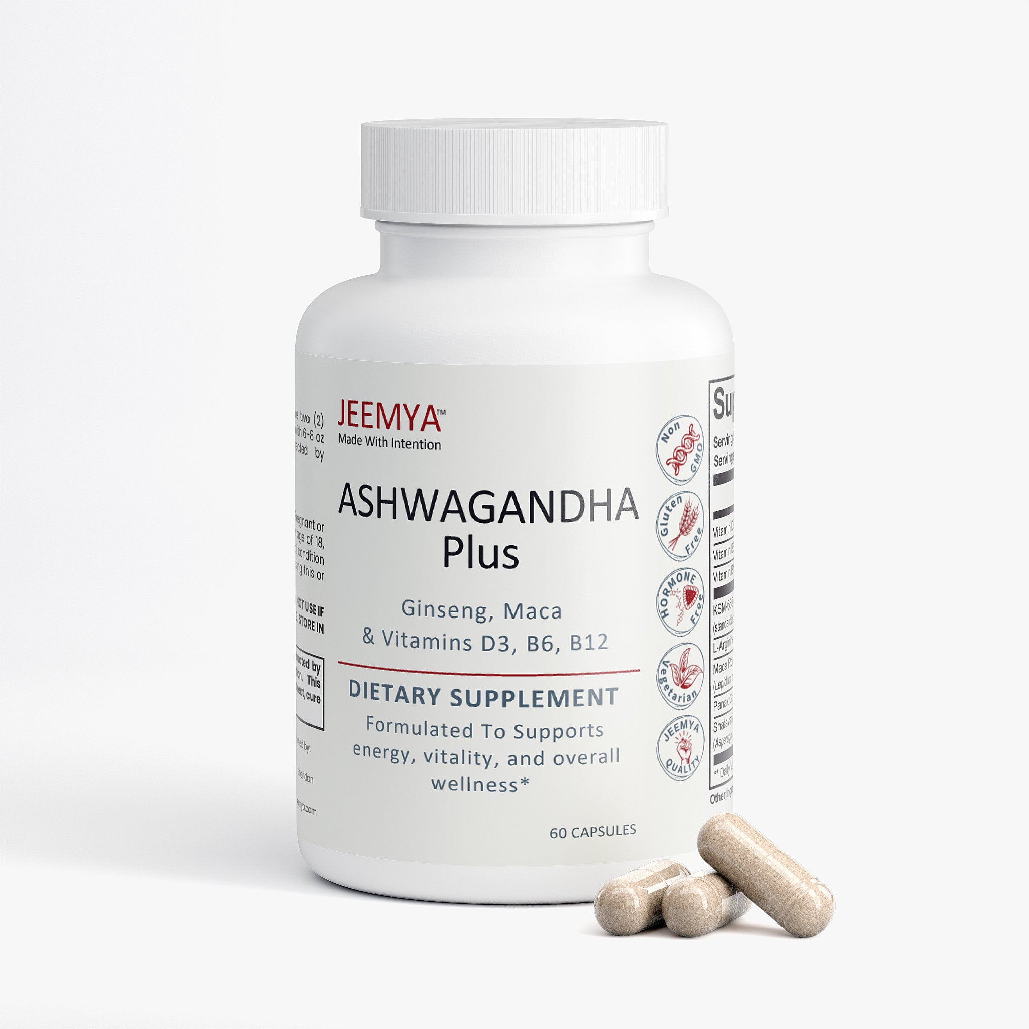 JEEMYA Ashwagandha Plus supplement bottle displayed with capsules beside it, featuring a stress support formula with ashwagandha, ginseng, and maca.