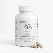 Front-facing bottle of Jeemya Max Detox capsules with several beige capsules placed beside the bottle, showcasing the dietary supplement packaging and capsule serving presentation.
