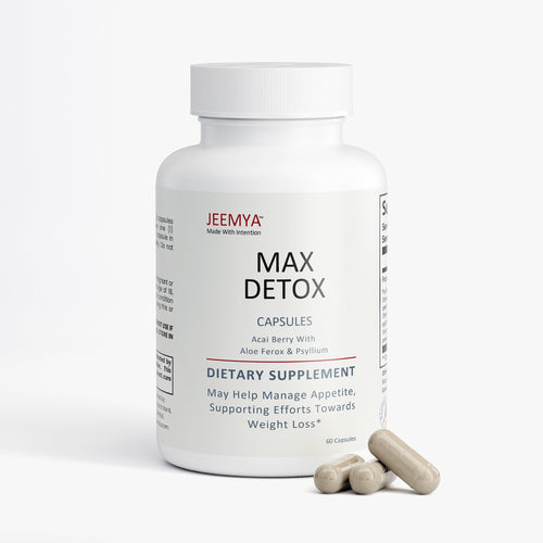Front-facing bottle of Jeemya Max Detox capsules with several beige capsules placed beside the bottle, showcasing the dietary supplement packaging and capsule serving presentation.