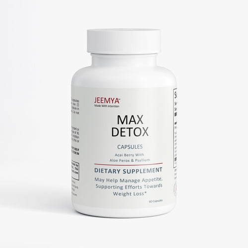 Jeemya Max Detox dietary supplement bottle displayed on a clean white background, showcasing the premium capsule packaging formulated to support the body's natural detoxification process, healthy metabolism, appetite management, and weight loss support.
