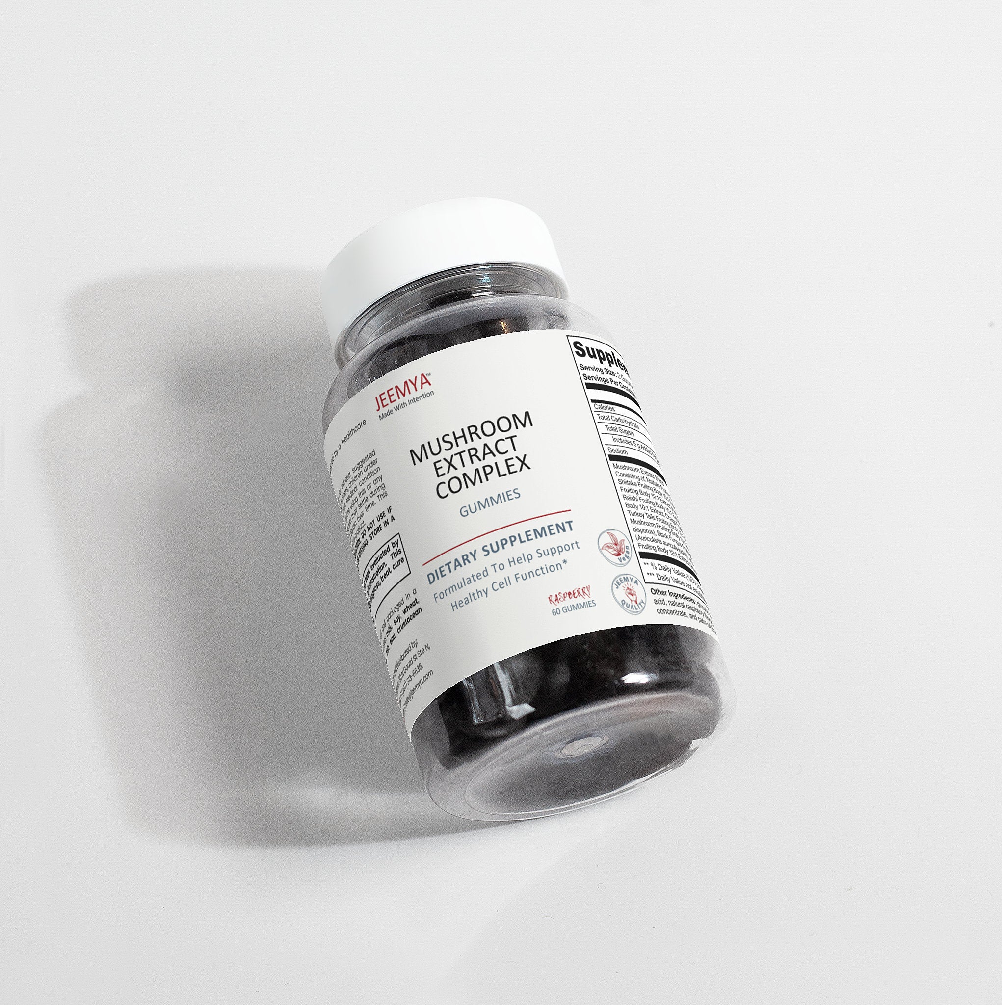 Angled view of the Jeemya Mushroom Extract Complex gummies bottle on a white background, highlighting the dietary supplement packaging and dark gummy contents visible through the transparent bottle.
