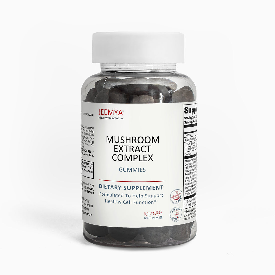 Jeemya Mushroom Extract Complex gummies dietary supplement bottle filled with dark-colored gummies, displayed on a clean white background to showcase the premium packaging designed to support the immune system, cognitive function, and overall wellness.