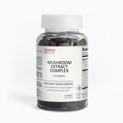 Jeemya Mushroom Extract Complex gummies dietary supplement bottle filled with dark-colored gummies, displayed on a clean white background to showcase the premium packaging designed to support the immune system, cognitive function, and overall wellness.
