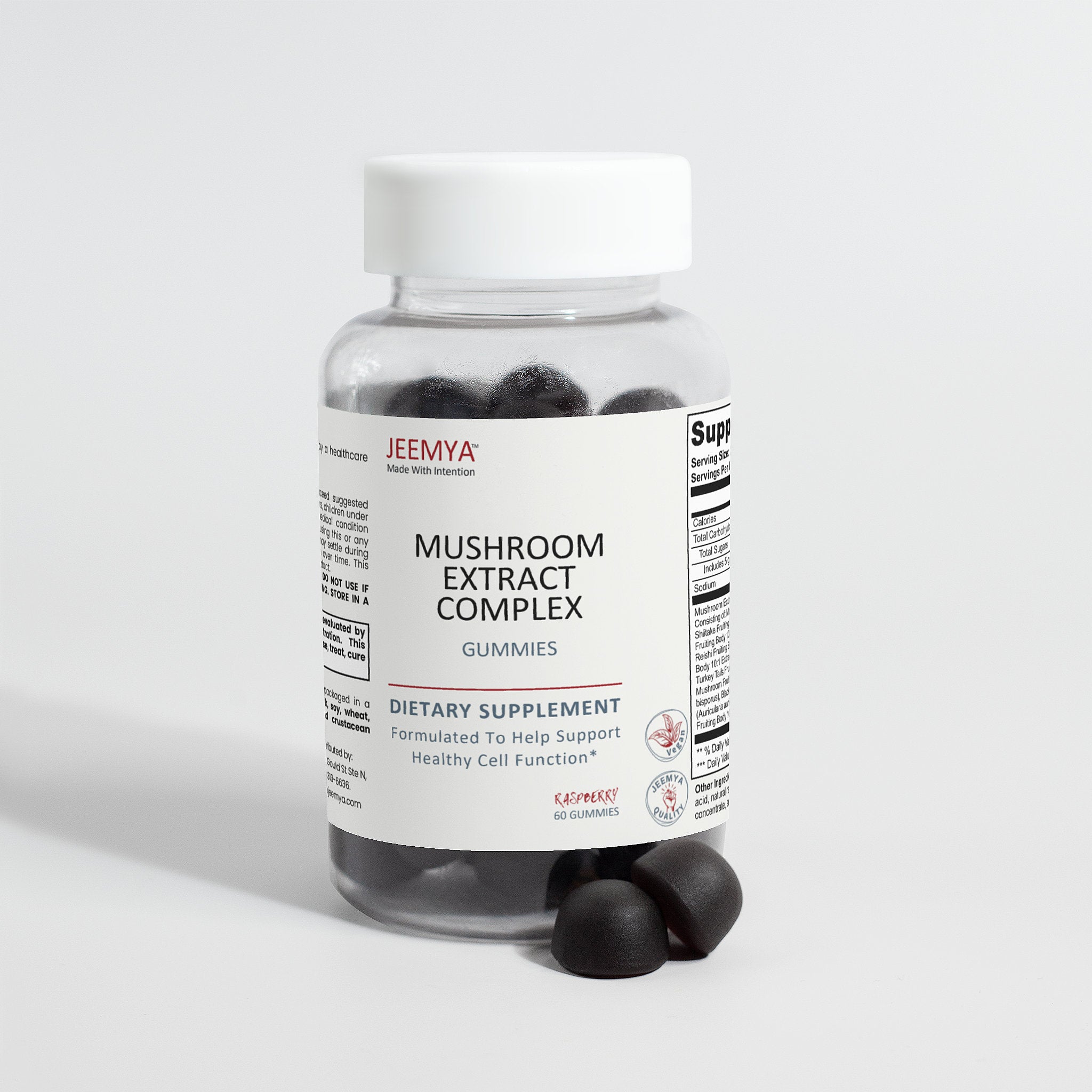Front-facing bottle of Jeemya Mushroom Extract Complex gummies displayed with several dark mushroom gummies placed beside the bottle, showcasing the dietary supplement packaging and serving presentation.