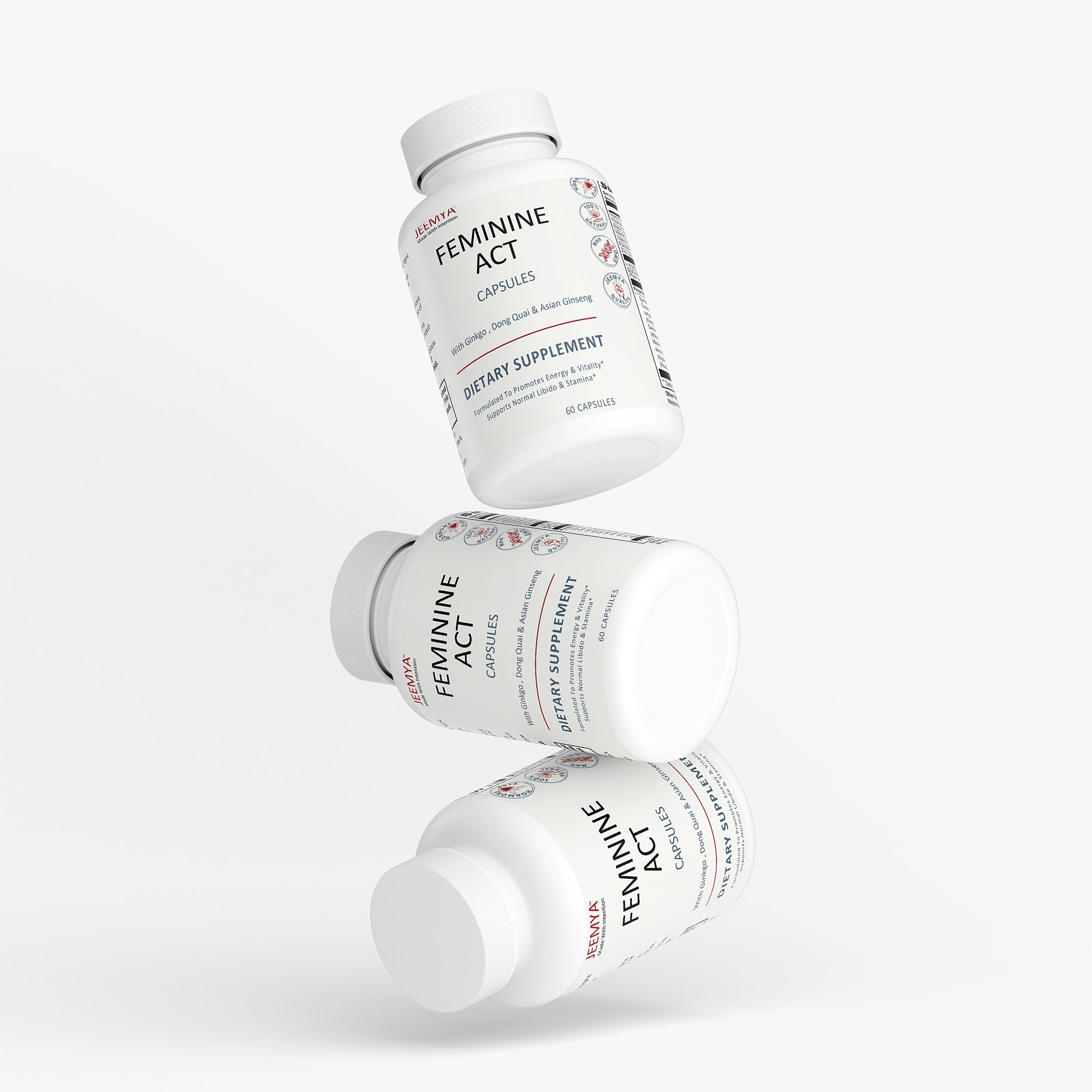 Creative arrangement of multiple Jeemya Feminine Act supplement bottles floating at different angles, presenting the capsule packaging from several perspectives against a clean white background.