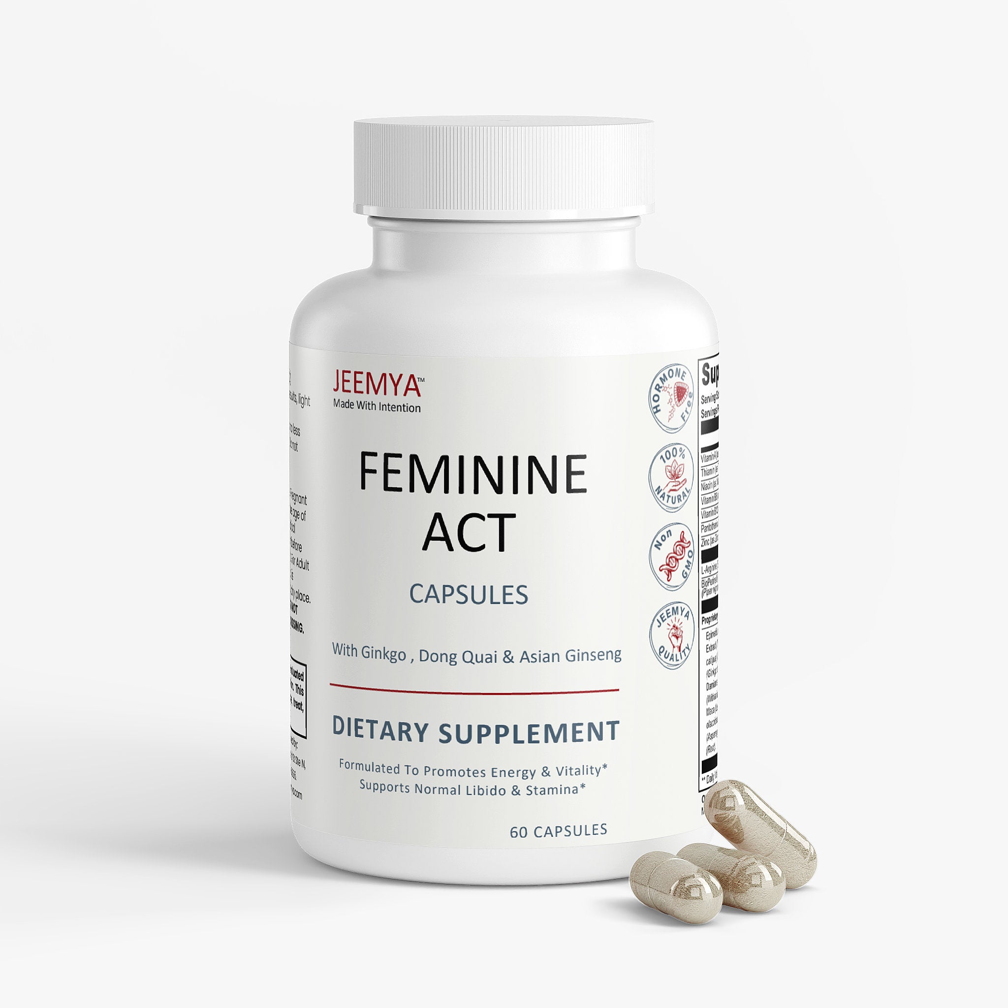 Front-facing bottle of Jeemya Feminine Act capsules with several beige capsules placed beside the bottle, showcasing the dietary supplement packaging and capsule serving presentation.