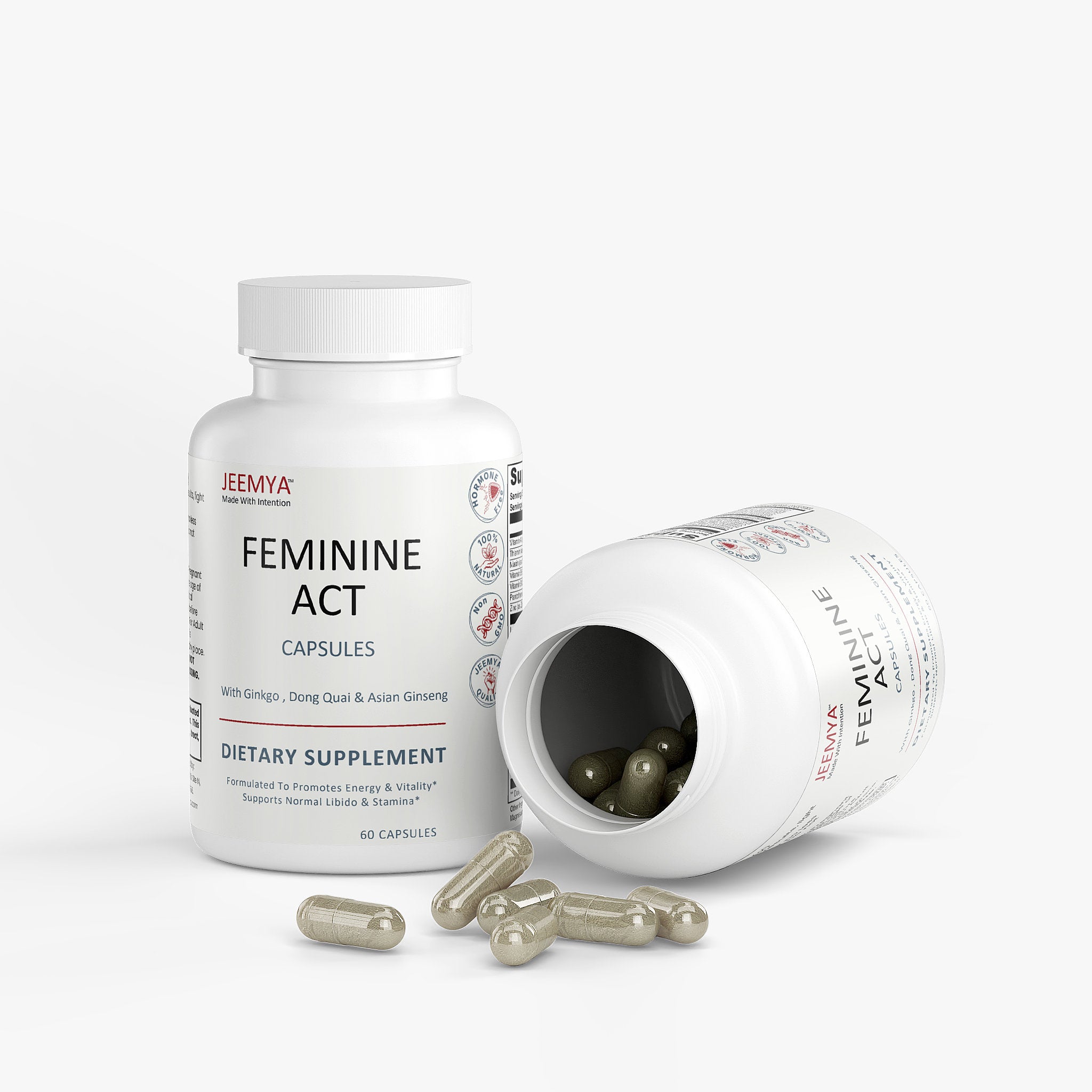 Jeemya Feminine Act dietary supplement bottle displayed beside an open bottle with beige capsules spilling onto the surface, illustrating the capsule size, product contents, and premium packaging.