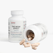 Jeemya The Wow Effect supplement bottle displayed beside an open bottle with beige capsules spilling onto the surface, illustrating the product contents, capsule appearance, and premium packaging.