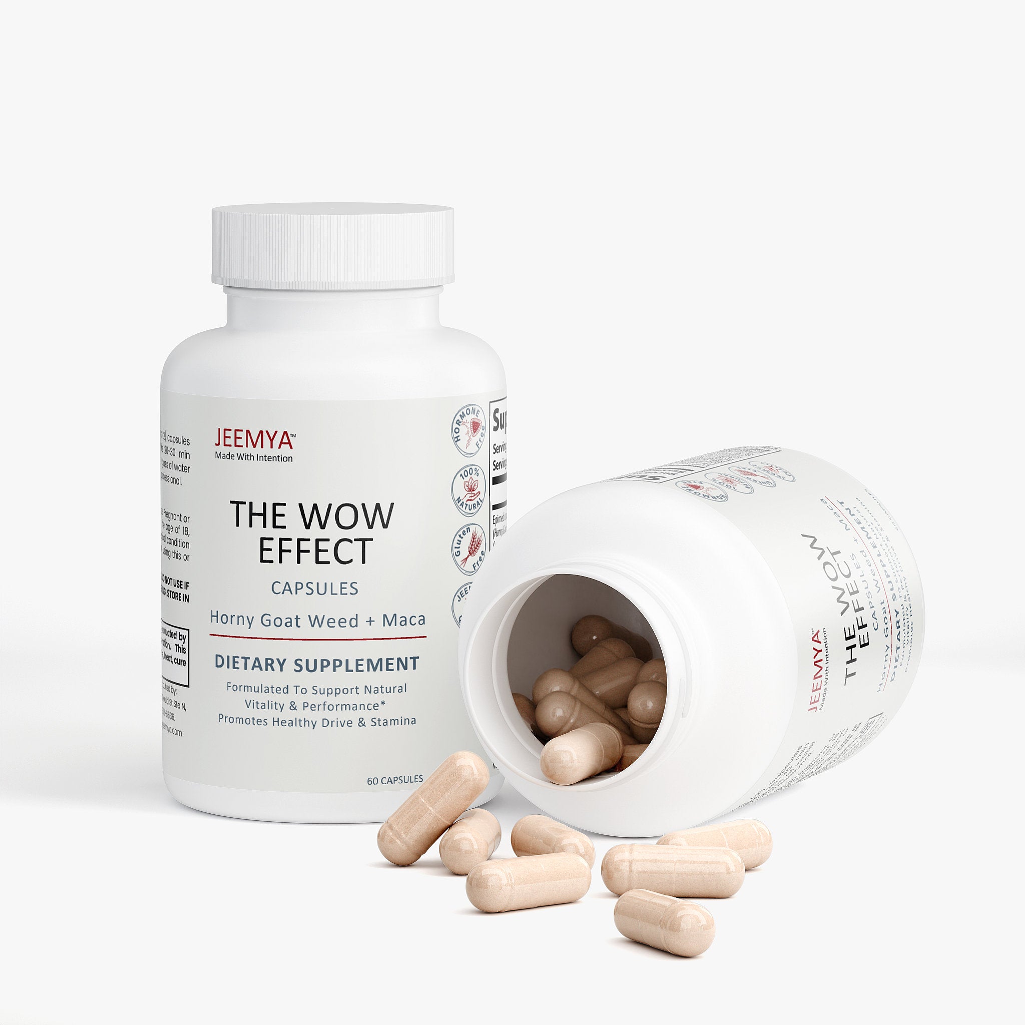 Jeemya The Wow Effect supplement bottle displayed beside an open bottle with beige capsules spilling onto the surface, illustrating the product contents, capsule appearance, and premium packaging.