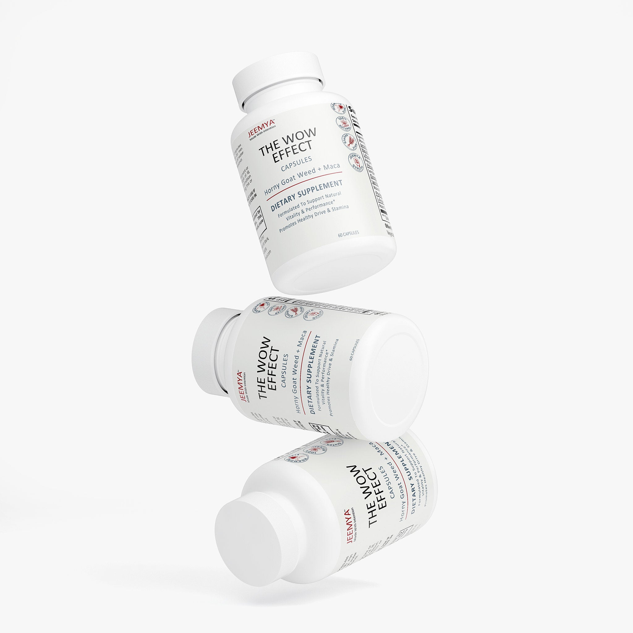 Creative arrangement of multiple Jeemya The Wow Effect supplement bottles floating at different angles, presenting the capsule packaging from multiple perspectives against a clean white background.