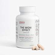 Front-facing bottle of Jeemya The Wow Effect capsules with several capsules placed beside the bottle, showcasing the dietary supplement packaging and capsule serving presentation.