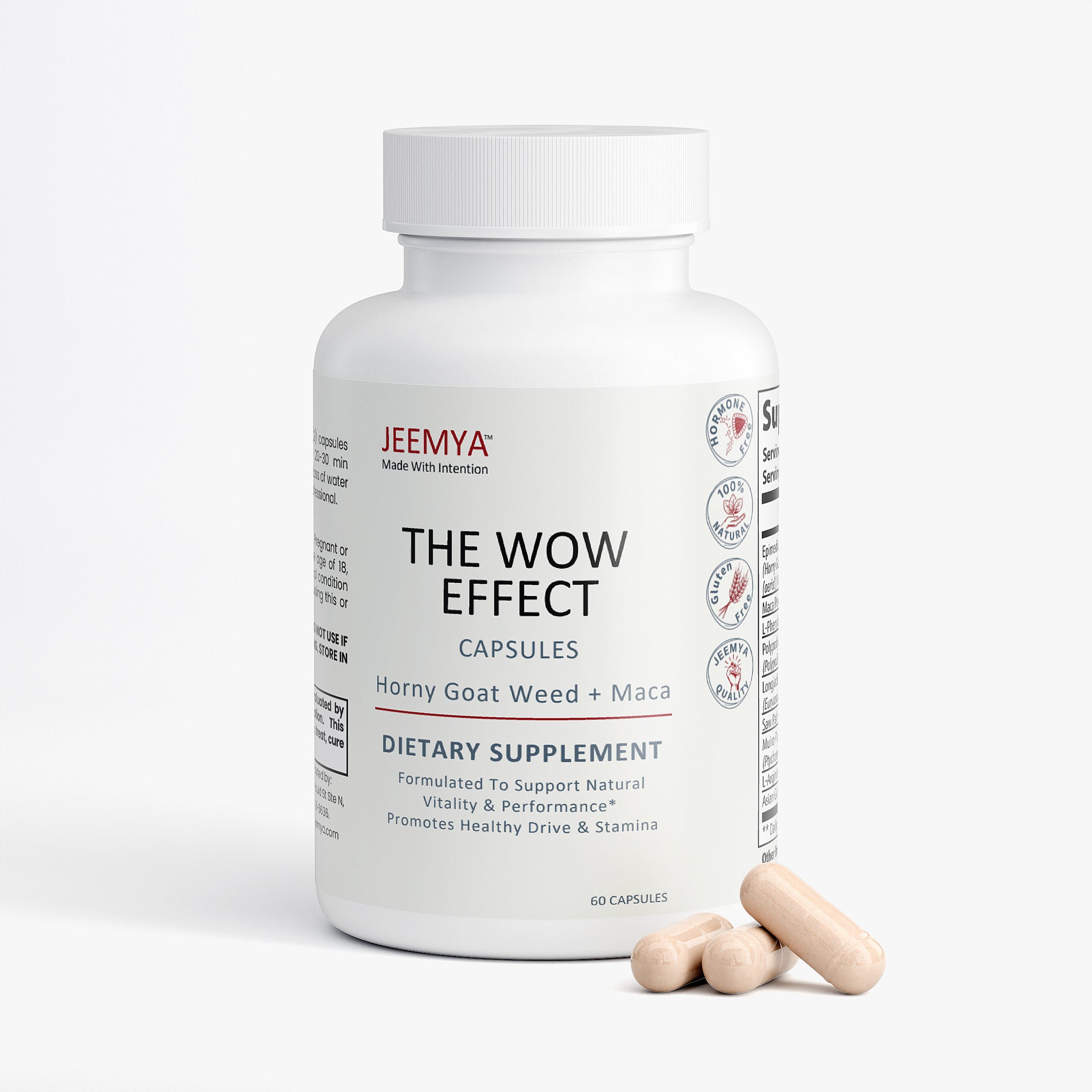 Front-facing bottle of Jeemya The Wow Effect capsules with several capsules placed beside the bottle, showcasing the dietary supplement packaging and capsule serving presentation.