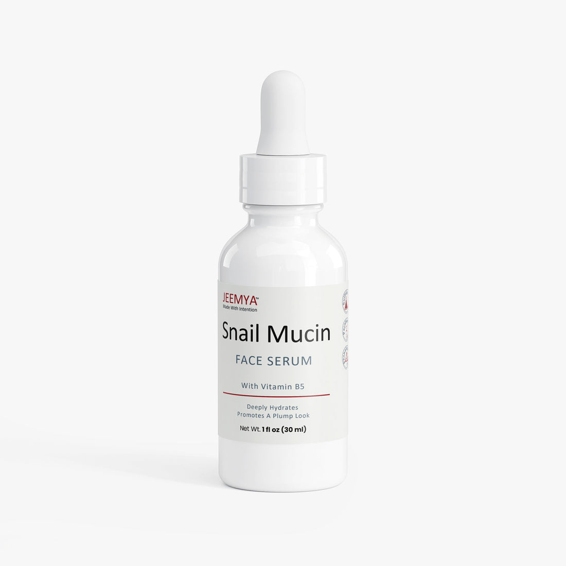 Jeemya Snail Mucin Face Serum bottle with a dropper cap displayed on a clean white background, formulated to hydrate, repair the skin barrier, and improve skin texture.
