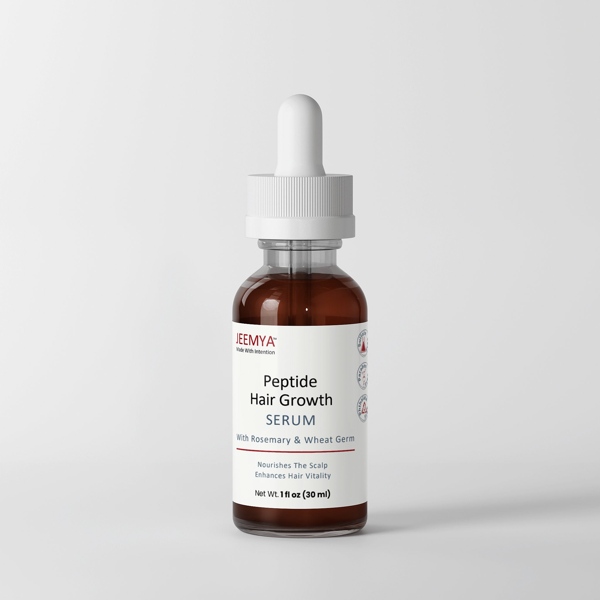 JEEMYA Peptide Hair Growth Serum displayed upright on a clean background, featuring a scalp-nourishing formula designed to support thicker, healthier-looking hair.