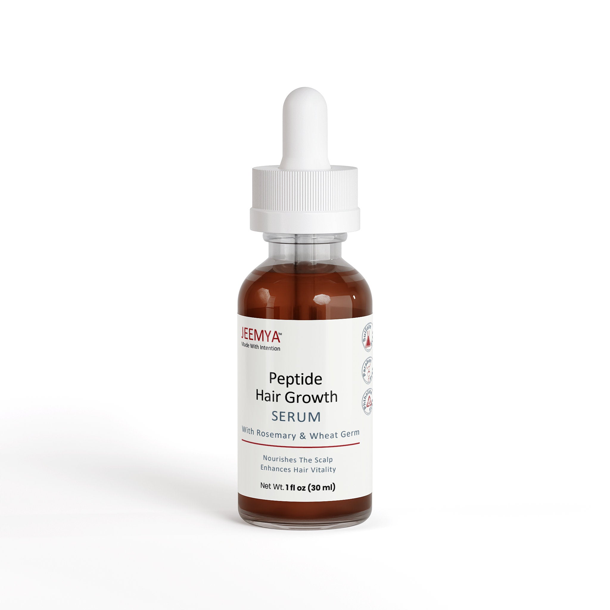 JEEMYA Peptide Hair Growth Serum bottle with dropper applicator formulated with rosemary and wheat germ to nourish the scalp, support hair growth, and enhance hair vitality.