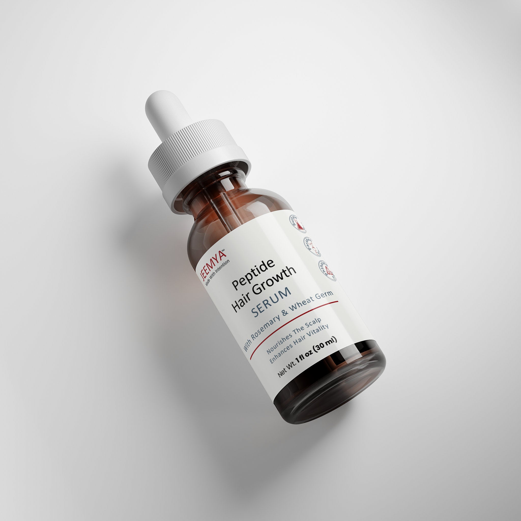 Angled JEEMYA Peptide Hair Growth Serum bottle highlighting a peptide-based scalp serum formulated to support hair thickness, scalp nourishment, and hair vitality.