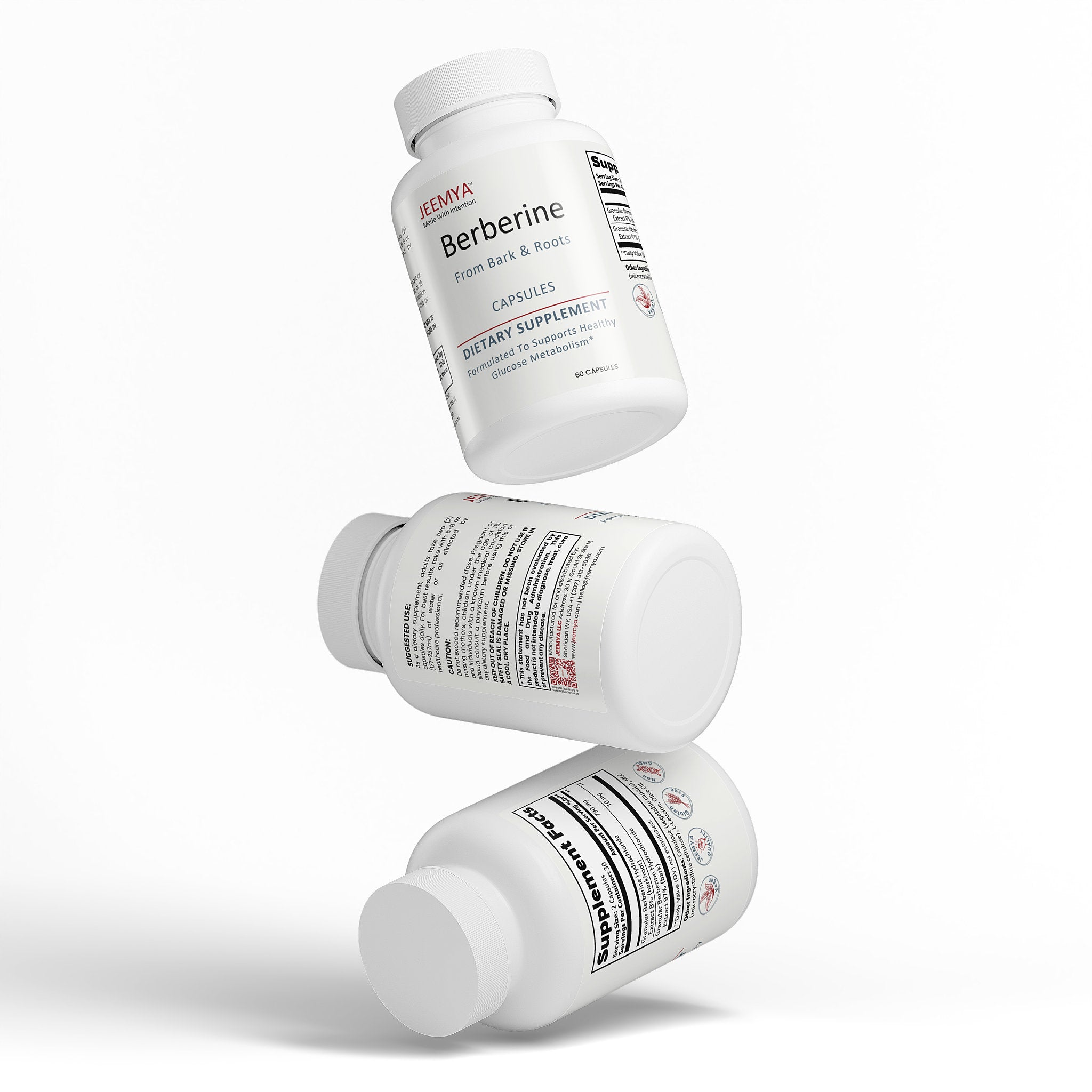 Multiple JEEMYA Berberine supplement bottles stacked together, showcasing a wellness formula formulated to support metabolic health and glucose balance.
