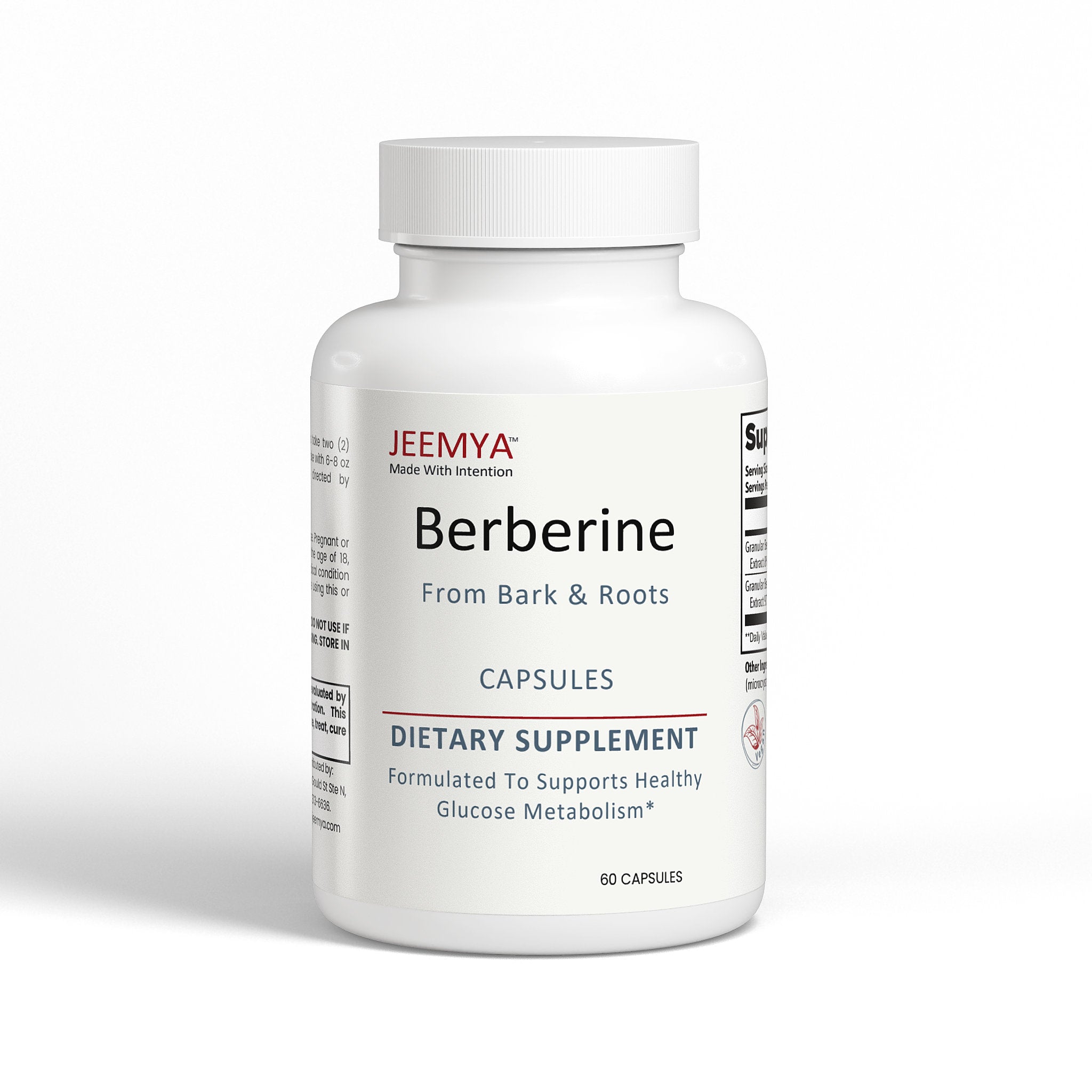JEEMYA Berberine dietary supplement bottle formulated from bark and roots to support healthy glucose metabolism, metabolic wellness, and overall health support.